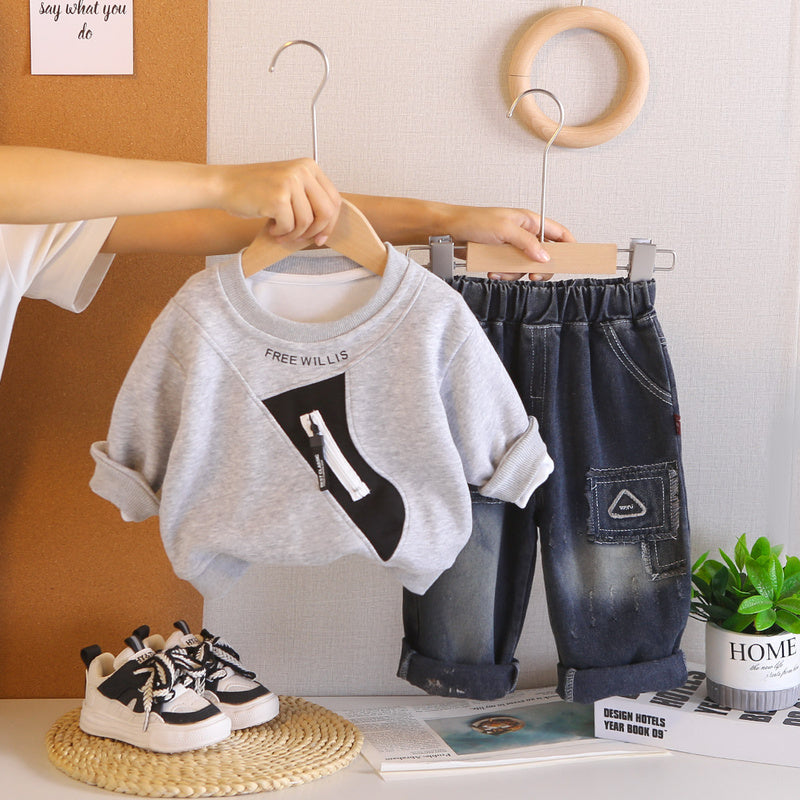Boys' Spring and Autumn Zipper Pocket Long Sleeve Sweatshirt Two-Piece Set Baby Clothes 1-5 Years Old New Infant Casual Outfit 2