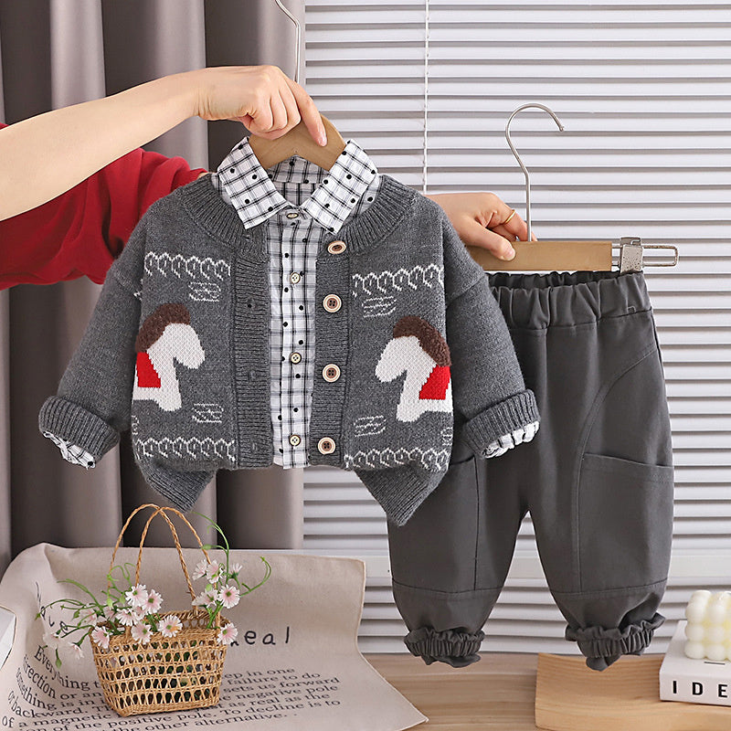Boys' Outfit 2026 New Cool Stylish 4-Piece Sweater Cardigan Three-Piece Set Spring and Autumn Trendy Clothes for 1-Year-Old Boys