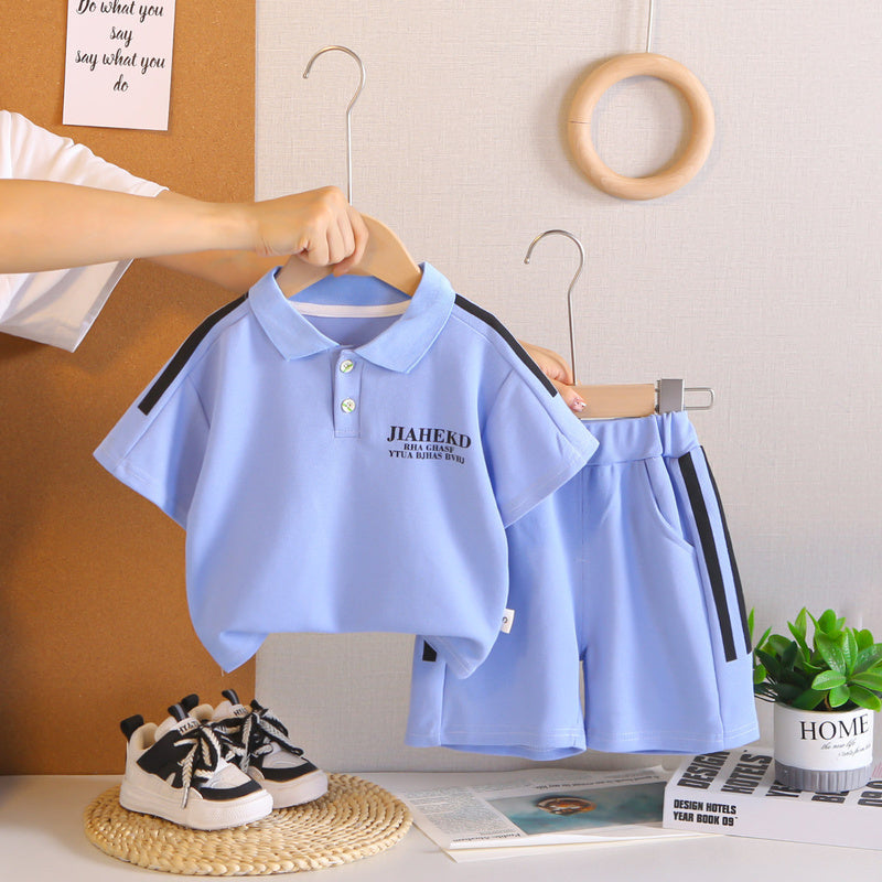 2026 Children's Fashionable Short-Sleeve Polo Shirt with Letter Print Boys' Suit Turn-Down Collar Summer Outfit Two-Piece Set Trendy
