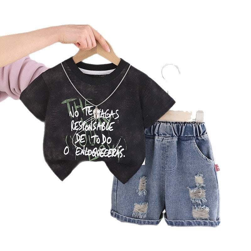 Stylish short-sleeve outfit baby boys, infant letter-print two-piece set, trendy summer suit for boys