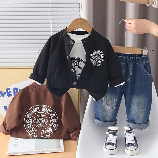 Boys' Spring and Autumn Outfit 2026 New Stylish Baby 1-3 Years Old 5 Knit Cardigan Infant Children's Three-Piece Set Toddler Fashion