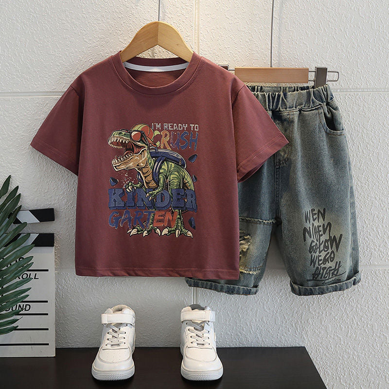 Boys' Outfit 2024 New Trendy Cool Boy Fashion Dinosaur Children's Clothing Summer Thin Two-Piece Set