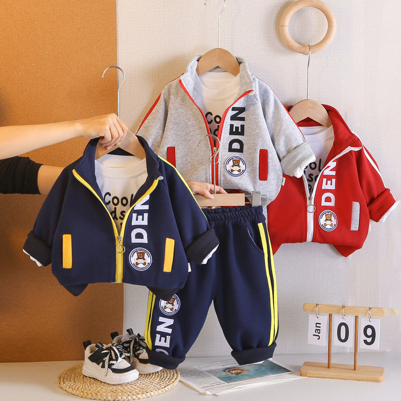 Boys' Outfit: Stylish Round-Logo Bear Three-Piece Set, Fashionable and Trendy Baby Spring Clothes for Toddlers