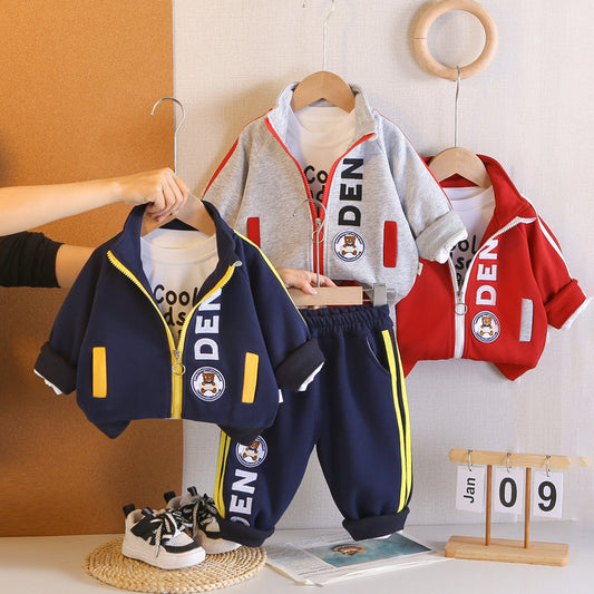 Boys' Outfit: Stylish Round-Logo Bear Three-Piece Set, Fashionable and Trendy Baby Spring Clothes for Toddlers