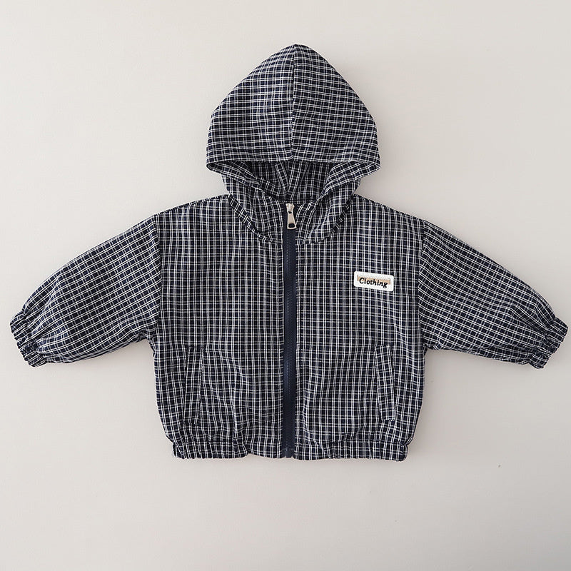 Boys' Spring Outfit 2026 New Fashionable Children's Spring-Autumn Plaid Hooded Jacket Three-Piece Set for Toddlers