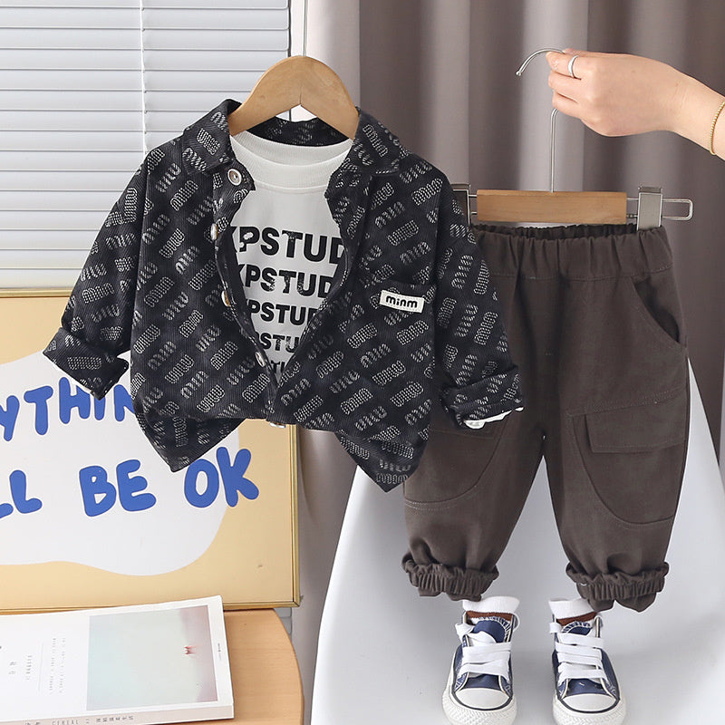 Boys' and Autumn Outfit 2026 New Children's Spring Printed Corduroy Three-Piece Set for Boys, Trendy Baby Clothes
