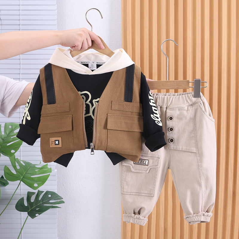 Children's Clothing Boys' 2023 Baby Boy Stylish Autumn Outfit Korean Version Street Style Fake Strap Vest Three-Piece Set