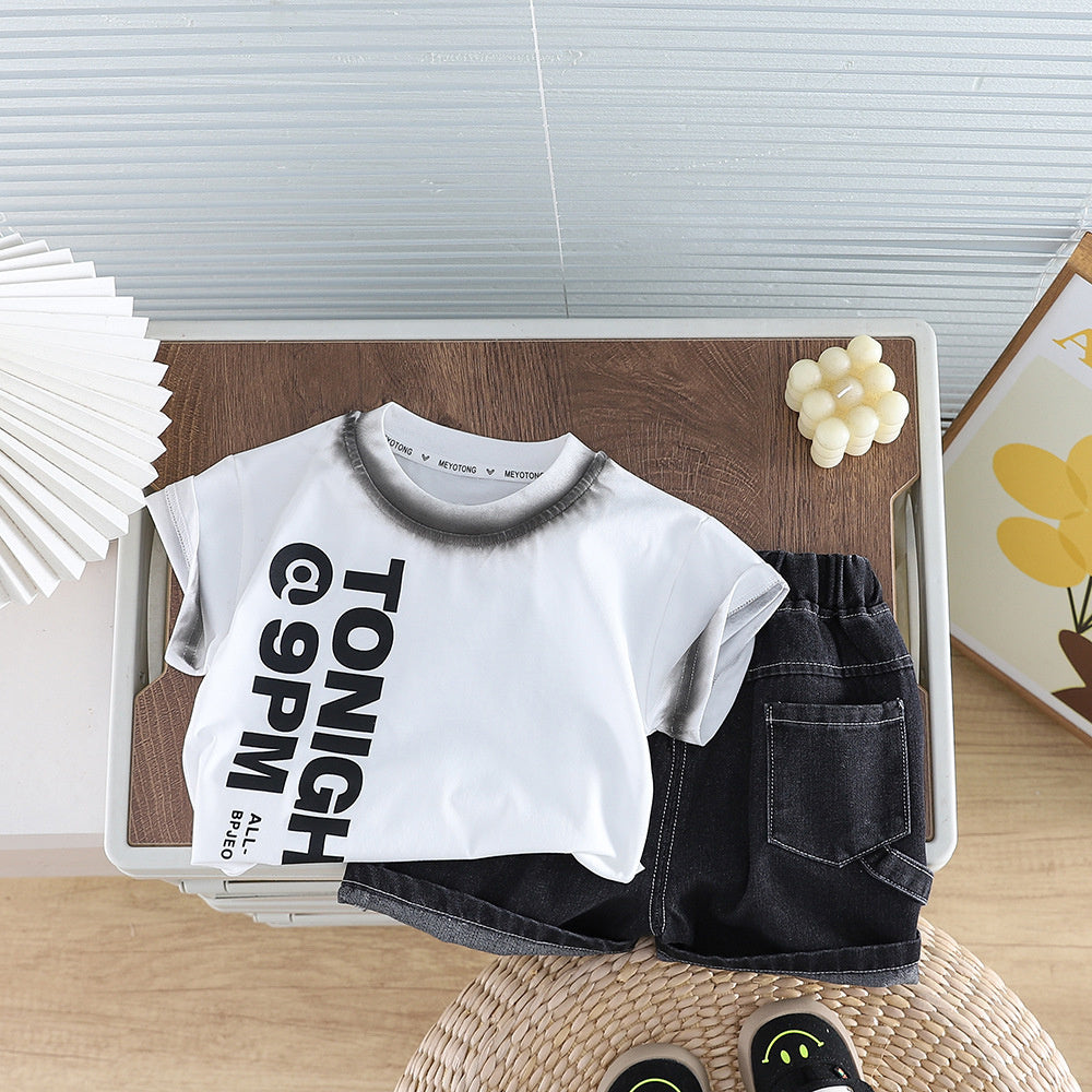 Boys' Outfit 2026 New Style Infant Summer Baby Boy Round Neck Letter Print Short Sleeve Two-Piece Set Trendy