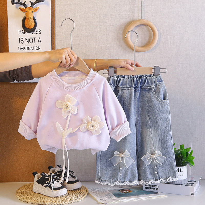 Baby Spring Outfit Stylish 2026 New Fashionable Girls' Children's Two-Flower Sweatshirt Trendy Toddler Spring-Autumn Clothing