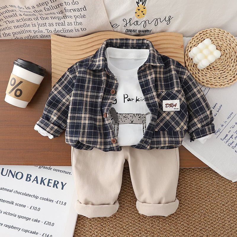 Boys' Spring and 2025 Autumn Outfit Korean Style Children's Fashionable Label Plaid Shirt Three-Piece Set Trendy