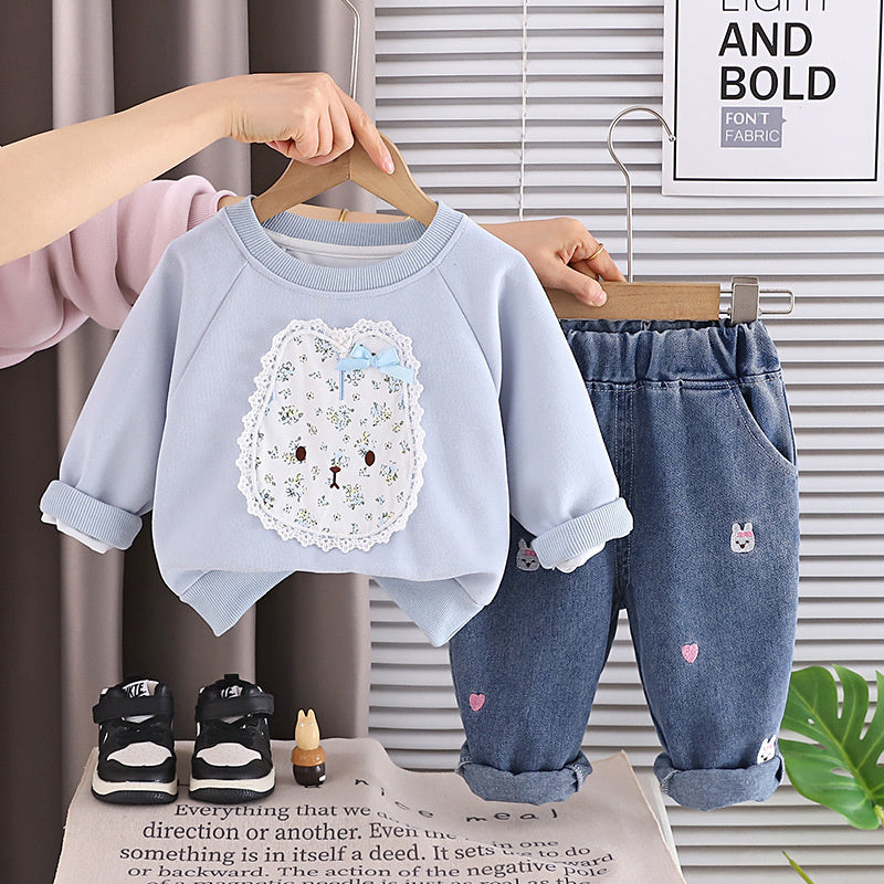 Girls' Stylish Fashionable Autumn Outfit Set 2026 New Baby Spring/Autumn Floral Bunny Sweatshirt Infant Long Sleeve