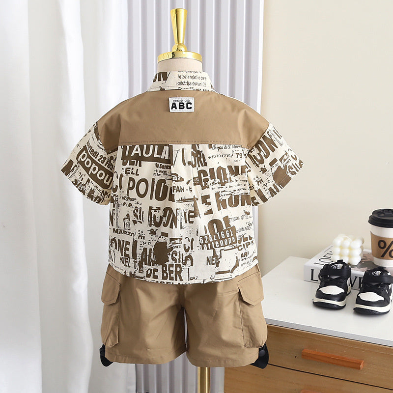 Boys' Short-Sleeve English Patchwork Shirt Two-Piece Set 2026 New Fashionable Baby Summer Clothes Trendy