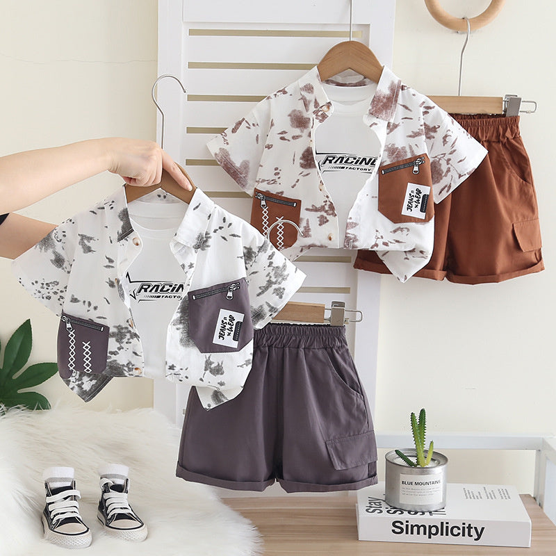 Boys' Outfit 2026 New Short-Sleeve Casual Baby Clothes Children's Summer Zipper Patchwork Three-Piece Trendy Set