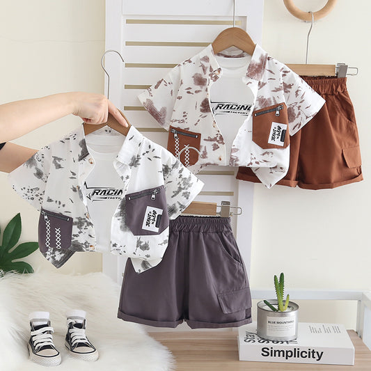 Boys' Outfit 2026 New Short-Sleeve Casual Baby Clothes Children's Summer Zipper Patchwork Three-Piece Trendy Set