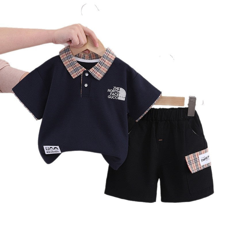 Boys' Outfit 2026 New Children's Plaid Collar Short Sleeve Summer Clothes Baby Embroidered Casual Two-Piece Set Trendy