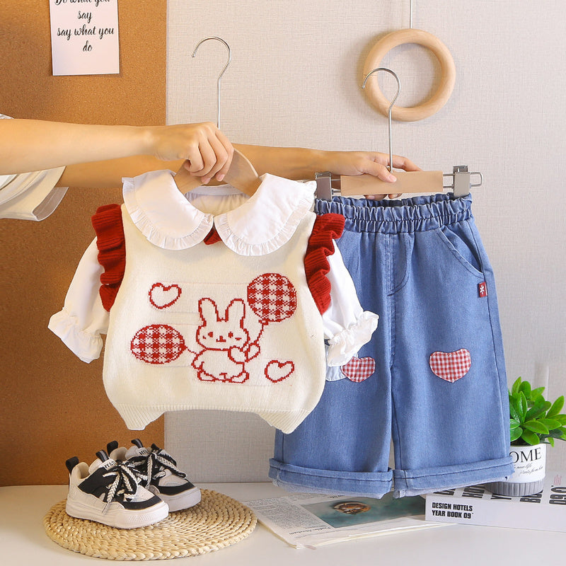 Girls' Bunny Lace Sweater Set, 2026 New Fashionable and Stylish Baby Girl Spring Outfit, Children's Autumn Clothing