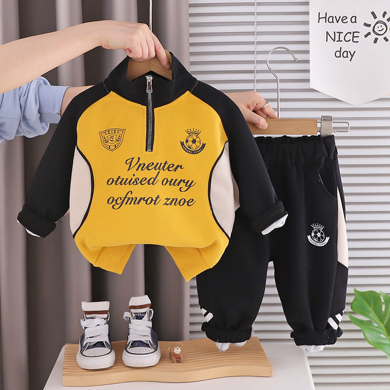 Boys' sweatshirt set spring and autumn 2026, new stylish children's half-zip long-sleeve clothing, Korean-style sportswear for toddlers