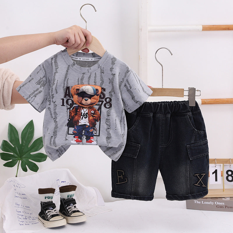 Boys' Summer Short-Sleeve Outfit 2026 New Fashionable Children's Stylish Baby Round-Neck Three-Dimensional Bear Head Two-Piece Set Trendy