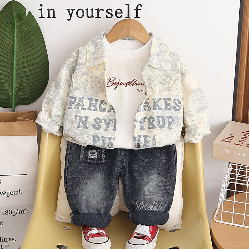 Baby Boy Spring and Autumn Outfit 2026 New Cute Infant Clothes Toddler Embroidered Letter Long Sleeve Three-Piece Set Trendy