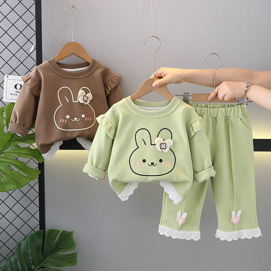 Girls' Lace Trim Bunny New Korean Style Fashionable Baby Casual Spring Autumn Sweatshirt for Outerwear