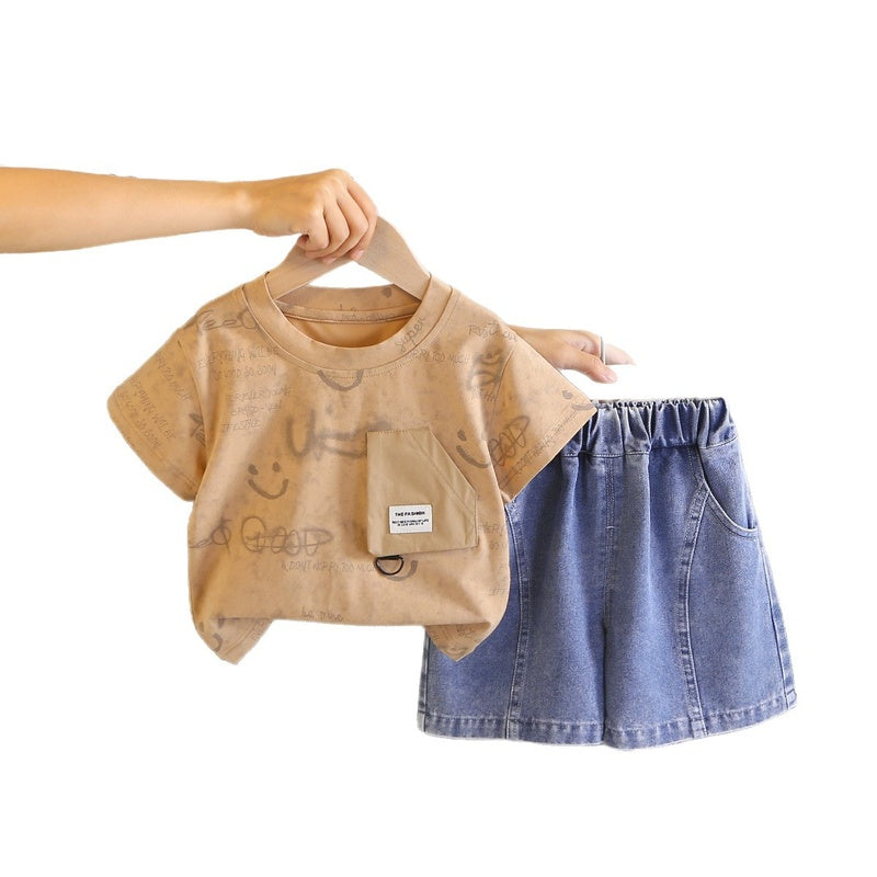Boys' Summer Outfit 2026 New Short-Sleeve Stylish Children's Smiley Face Pocket Round Neck Casual Baby Two-Piece Set Trendy
