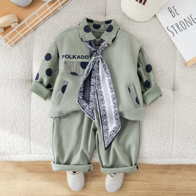 Boys' outfit set, stylish baby boy spring and autumn fashion trendy infant toddler clothing polka dot round-neck suit three-piece set