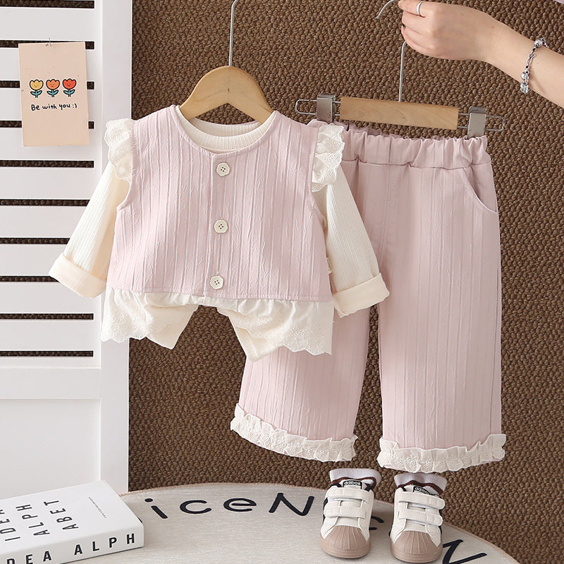 Stylish Spring and Autumn Outfit for Girls, 2026 New Korean Fashionable Baby Girl Lace Vest Three-Piece Set