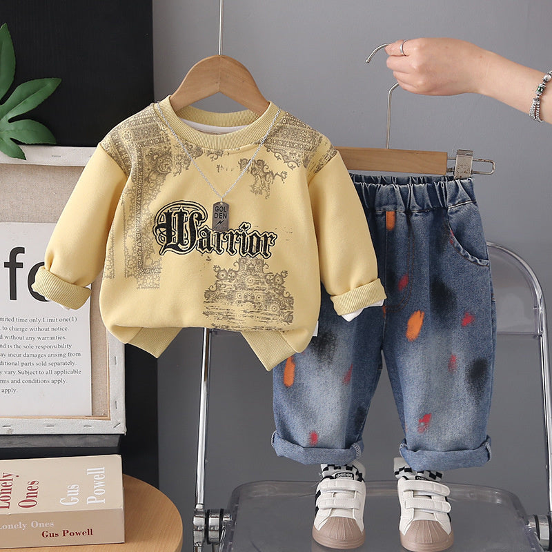 Boys' Autumn Outfit Stylish 2026 New Model, Infant and Toddler Spring/Autumn Printed Sweatshirt, Korean Style Two-Piece Set, Trendy