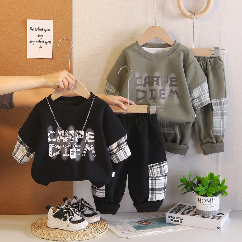 Boys' outfit stylish and fashionable letter necklace two-piece set baby spring trendy sweatshirt toddler clothing children's wear