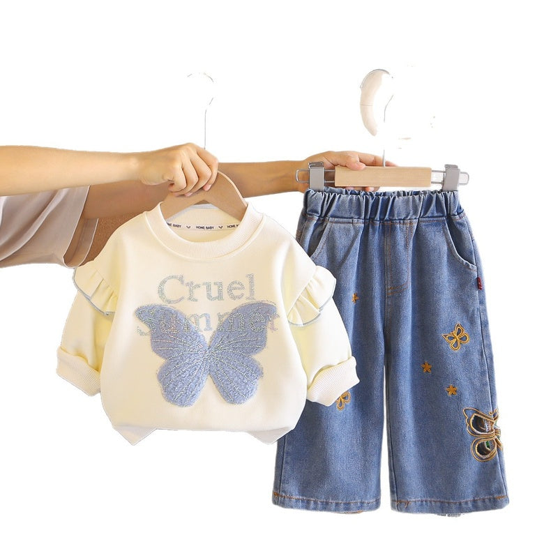 2026 Spring and New Korean Style Outfit Girls, Autumn Hollow Butterfly Jeans, Stylish Two-Piece Set for Babies