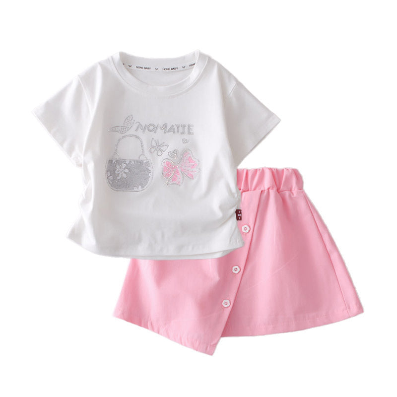 Girls' 2026 New Bow Short-Sleeve Two-Piece Set, Baby Girl's Casual Sports Outfit, Stylish Summer Style