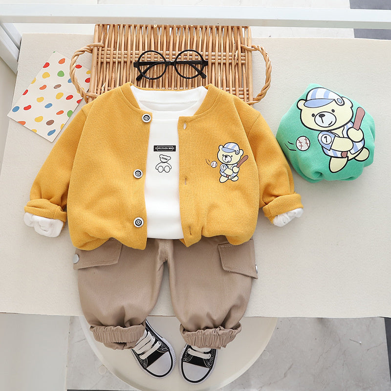 Autumn Children's New Three-Piece Comfortable Cardigan Cartoon Bear Print Long Sleeve Jacket Boys' Set Manufacturer Wholesale