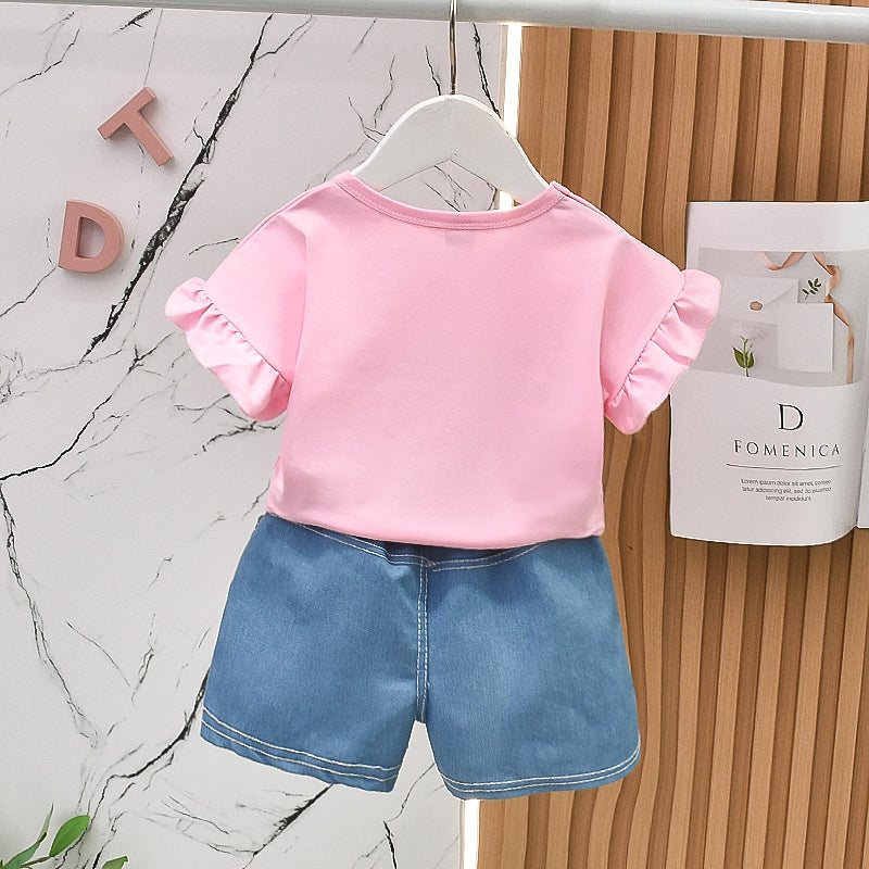 Girls' Clothing 2024 New Summer Korean Style Pure Cotton Set Baby Girls, Short Sleeve Two-Piece Outfit for Young Girls