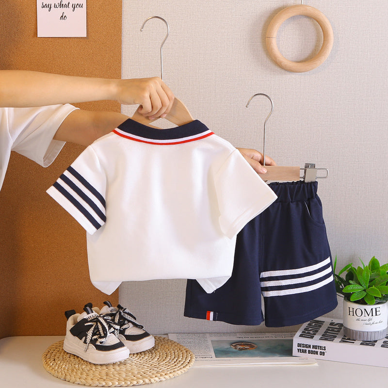Children's outfit boys: puppy print Polo shirt, short-sleeved, lightweight, stylish two-piece set with shorts for baby boys, casual summer wear