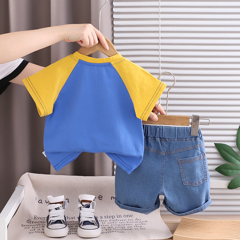 Boys' Outfit 2026 New Korean Style Children's Baby Color-Block Cartoon Short-Sleeve Shorts Two-Piece Summer Fashion Set