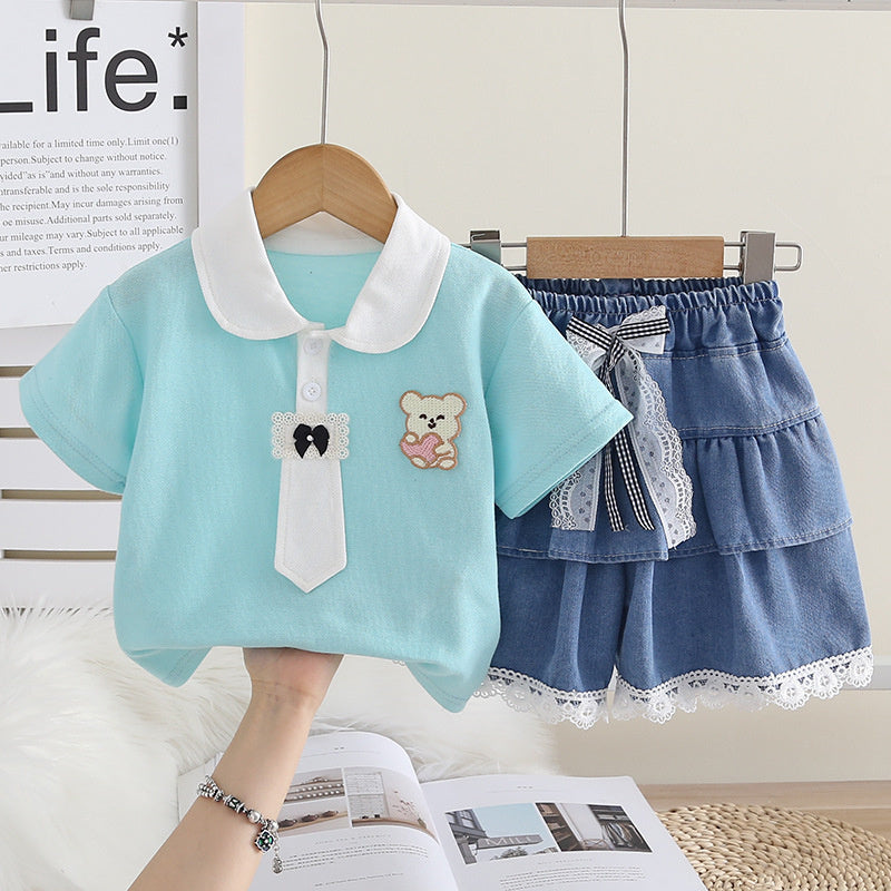 Girls' Outfit 2026 New Cute Baby Summer Embroidered Bunny Short Sleeve Two-Piece Set Trendy