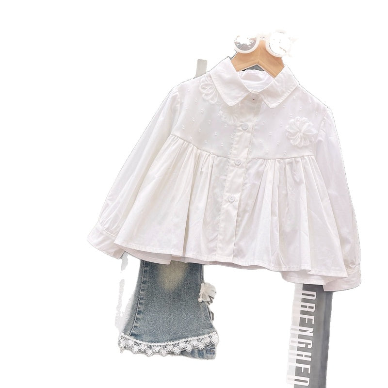 Girls' 2025 Spring Autumn New Cute Mesh Embroidered Patchwork Shirt and Denim Pants Two-Piece Set Trendy