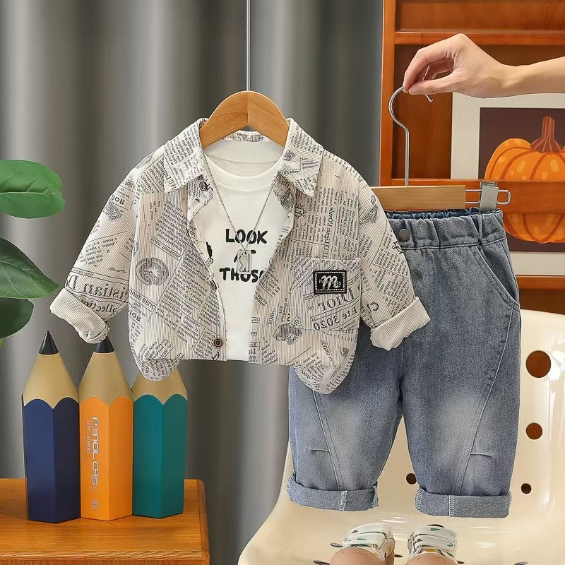 Outfit 2026 New Children's Jacket Boys' Spring and Autumn Stylish Baby Lapel Letter Three-Piece Set