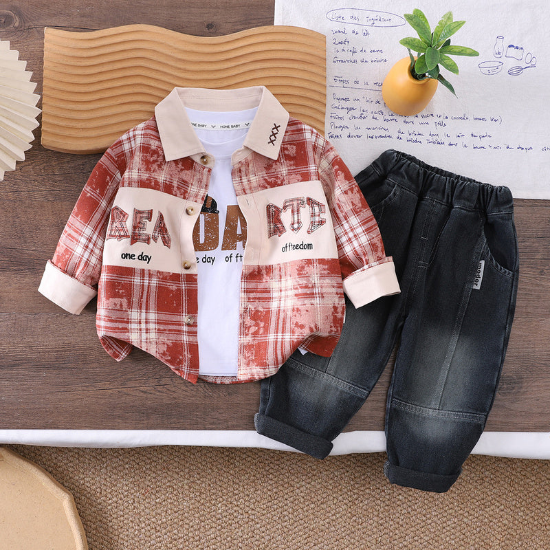 Boys' Spring and Autumn Letter Color-Block Shirt New Style Children's Long-Sleeve Baby Outfit Fashionable Three-Piece Set Trendy