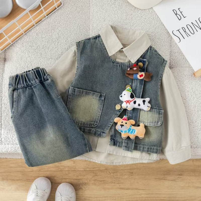 Boys' outfit set, stylish three-piece set for one-year-old babies, spring autumn puppy denim vest, trendy infant and toddler clothing