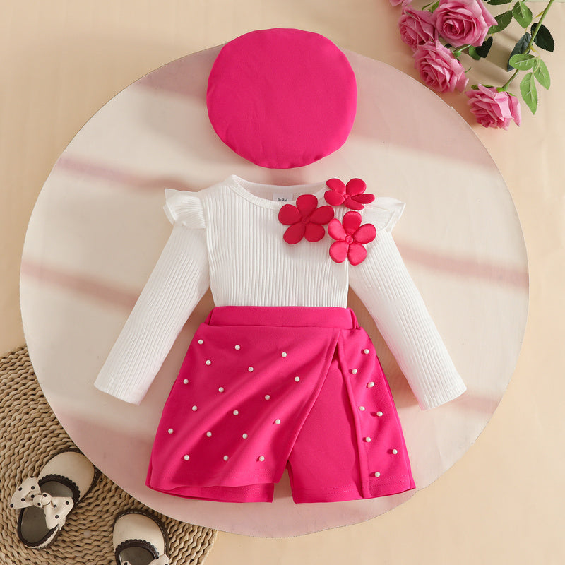 European and American Baby Sweet Girl Fashion Beret Embroidered Ribbed Top + Beaded Shorts Set Autumn Winter Skirt Pants