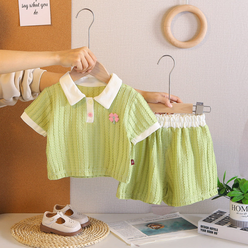 Girls' stylish solid color jacquard suit, summer wear 2026 new model, fashionable casual two-piece set for baby girls