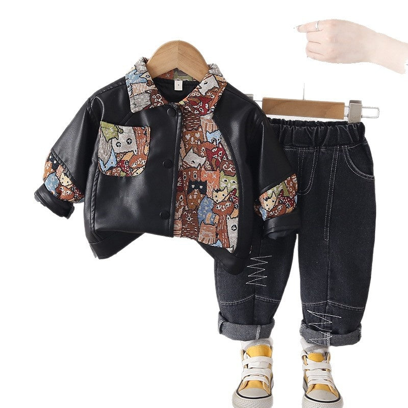 Boys' Casual Outfit 2026 New Spring and Autumn Baby Children's Patchwork Cartoon Leather Jacket Two-Piece Set Trendy