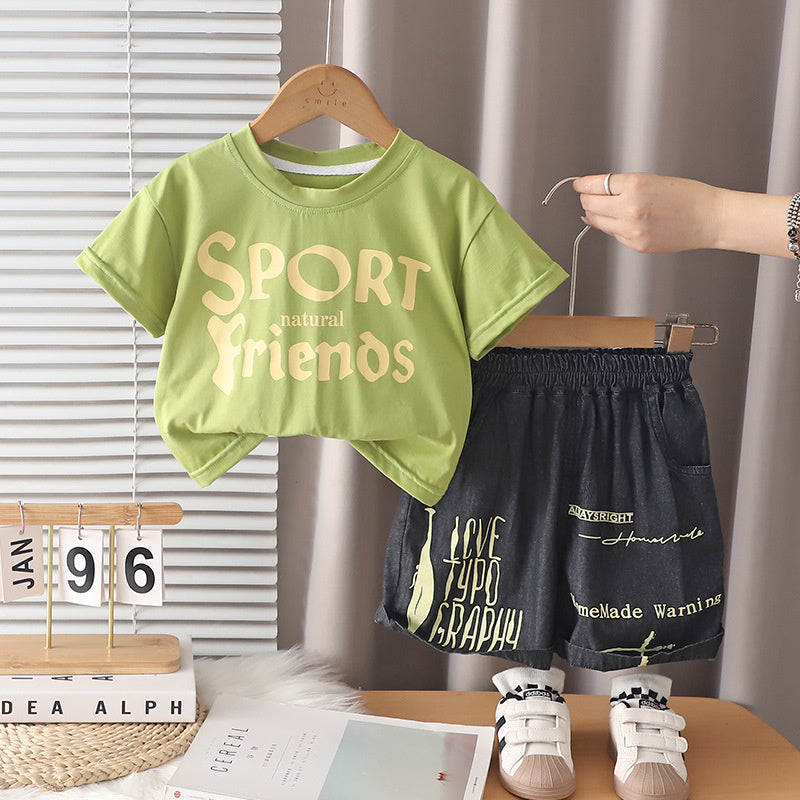 Boys' Outfit 2026 New Style Infant Children's Summer Clothes Stylish Baby Boy Letter Print Short Sleeve Two-Piece Set
