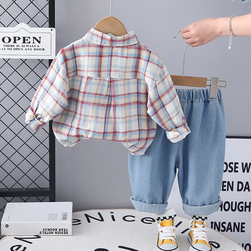 2025 Children's Autumn Outfit Stylish Plaid Shirt Three-Piece Set for 1-3-4 Year Old Boys Korean Style Boys' Clothing