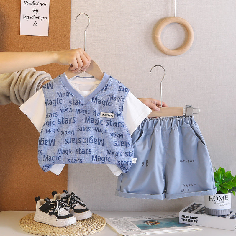 Boys' Outfit Children's Letter Print Short Sleeve Three-Piece Set 2026 New Style for Little Boys 1-3 Years Old Baby Summer Clothes
