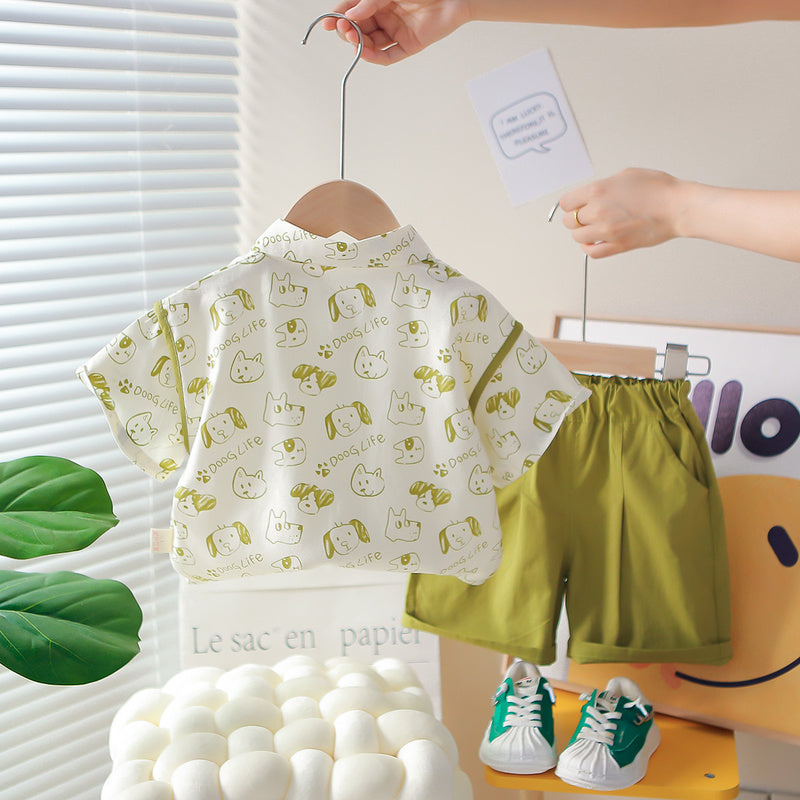 Boys' Summer Outfit 2026 New Style for 1-2-3 Years Old, Stylish Baby Casual Full-Print Short-Sleeve Shirt Two-Piece Set