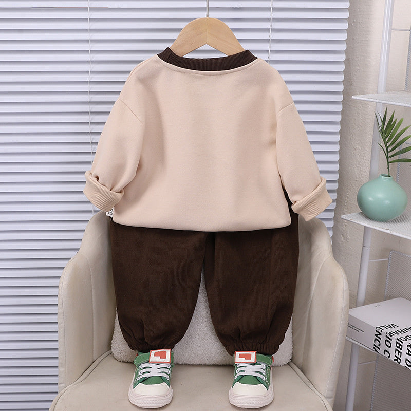 Boys' stylish kitten sweatshirt two-piece set, baby's autumn cool toddler cartoon clothing, trendy infant wear