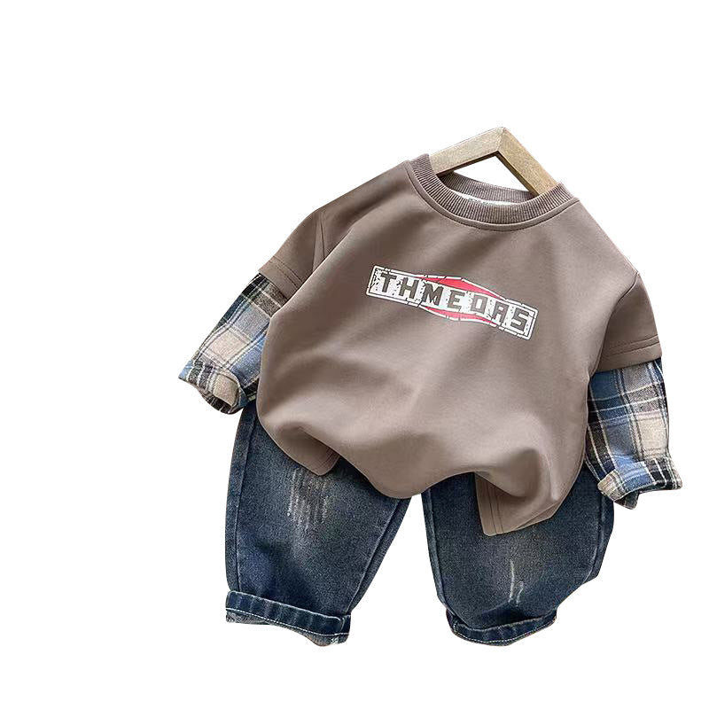 Boys' Outfit Baby 2026 New Fashionable Infant Children's Spring and Autumn Stylish Round Neck Spliced Sleeve Two-Piece Set