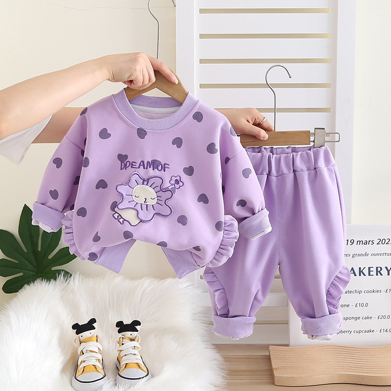 Girls' Outfit 2025 New Stylish Full Print Heart Round Neck Two-Piece Set Baby Spring Autumn Sweatshirt Children's Trendy